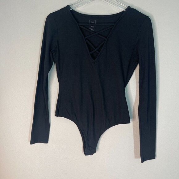 Me to We Tops - Me to We S Small Bodysuit Black Crisscross Front Knit